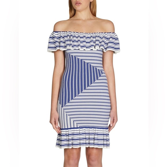Rebecca Vallance Corsica Blue and White Stripe Off shoulder Mini ruffle dress 2 - Picture 1 of 16